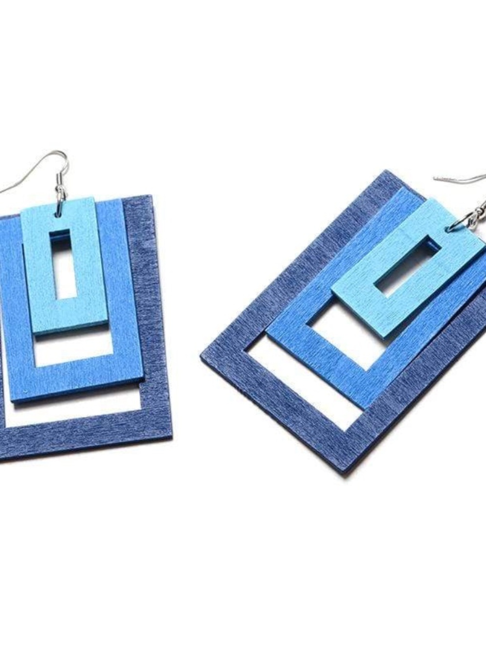 Womens Wood Blue Two-Tone Square Earrings - Picture 3 of 3